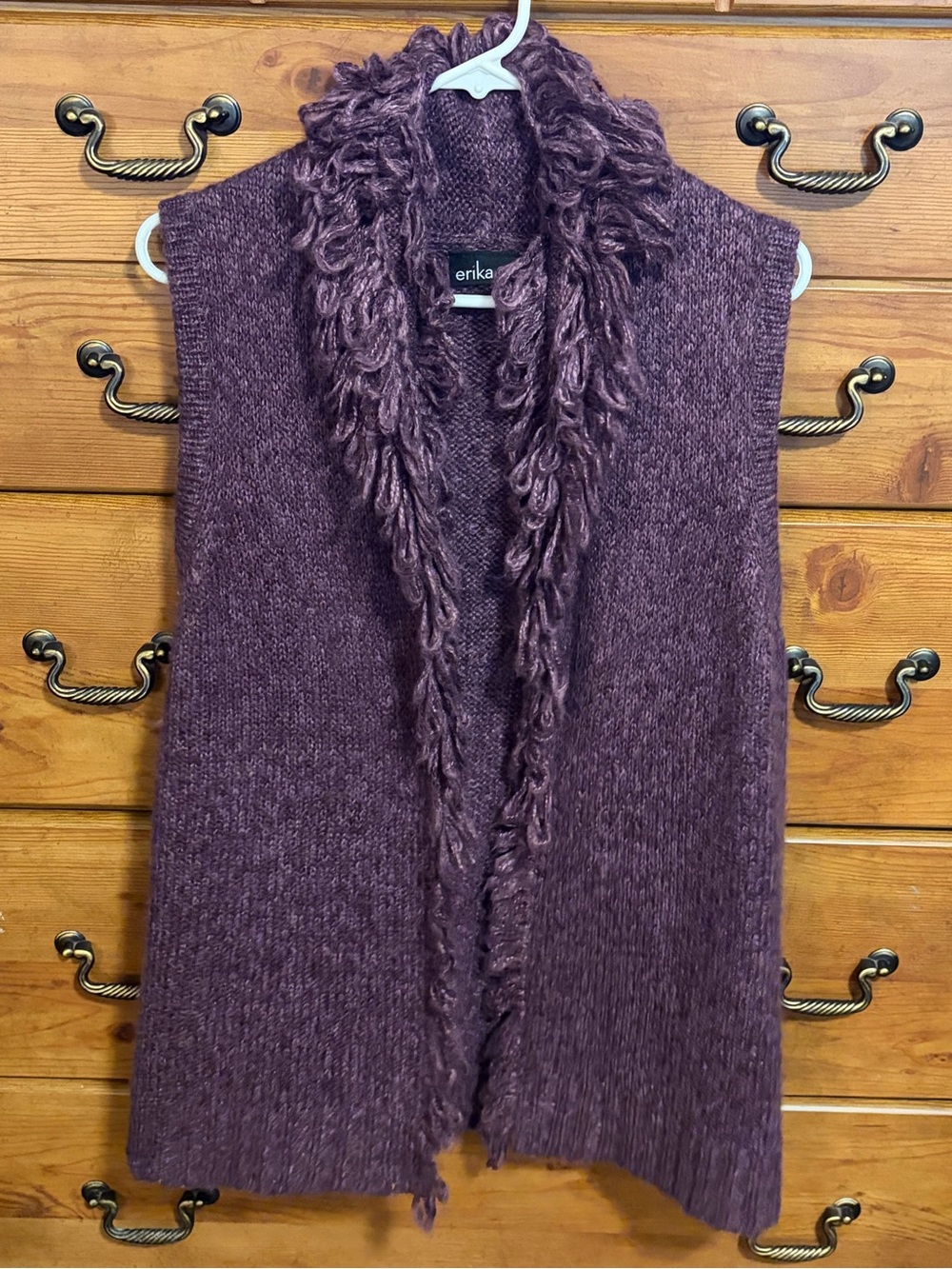 Erika Deep Plum Open-Front Fringe Trim Knit Vest